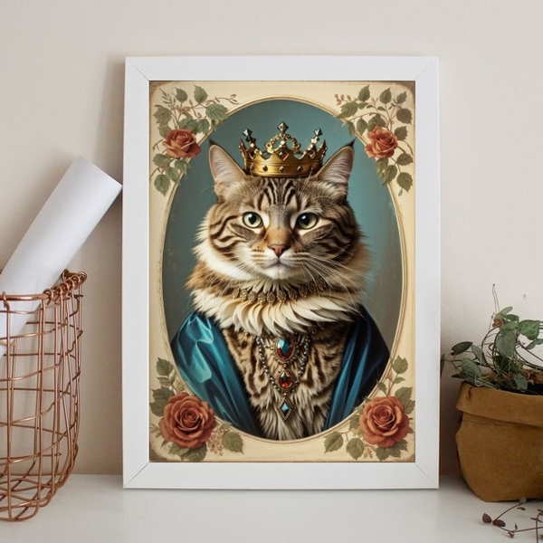 Quadro Vintage - Gatinha Rainha 33x24cm Moldura:madeira Preta