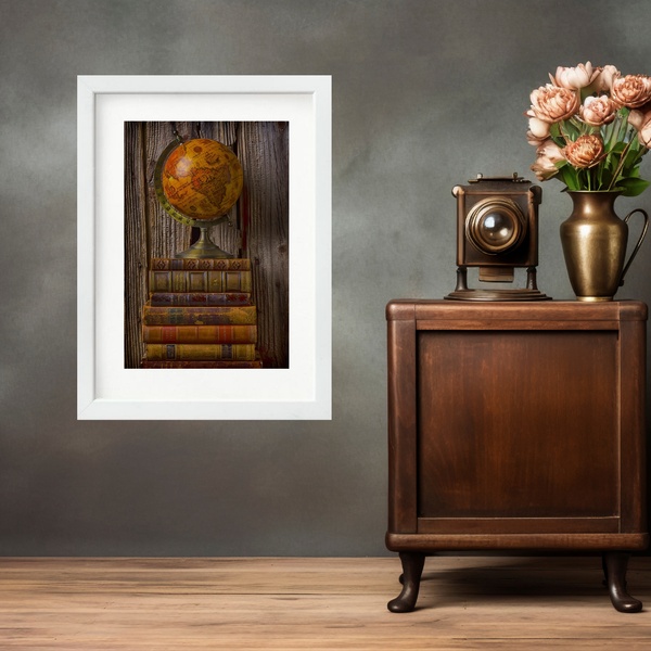Quadro Vintage Globo Terrestre - 60x48cm Moldura Preta