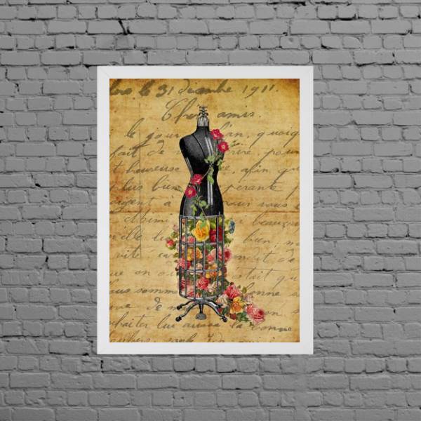 Quadro Vintage Manequim Costura 33x24cm - Com Vidro Moldura:m