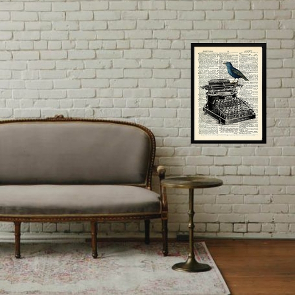 Quadro Vintage Máquina Escrever Passarinho 45x34cm - Com Vidr