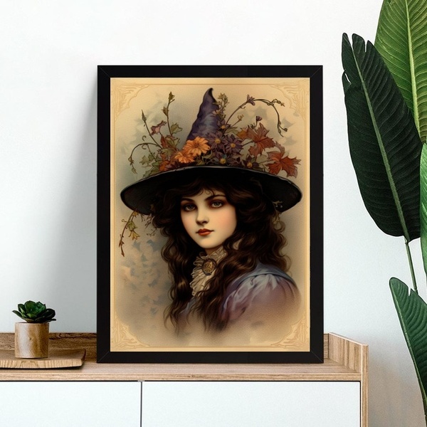 Quadro Vintage Menina Bruxa 33x24cm - Com Vidro Moldura Preta