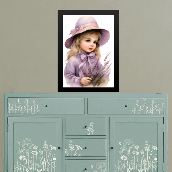 Quadro Vintage Menininha Com Lavanda 45x34cm - Com Vidro Mold