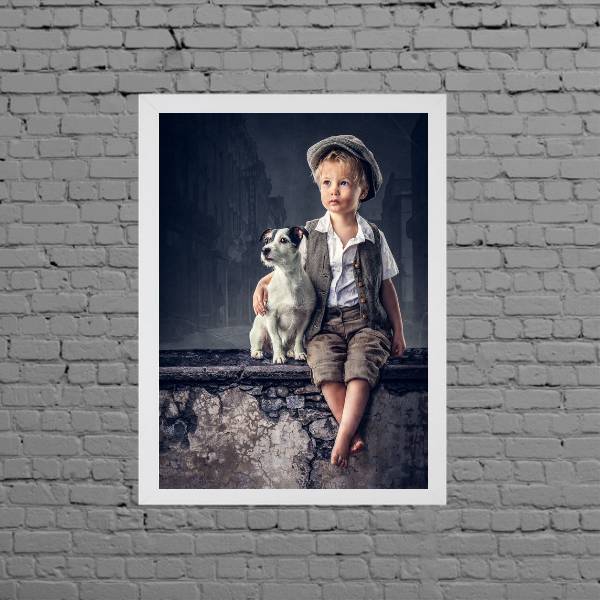 Quadro Vintage Menininho E Cachorro 24x18cm - Com Vidro Moldu