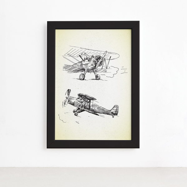 Quadro Vintage Moldura Preta Aviões Antigos 33x43cm
