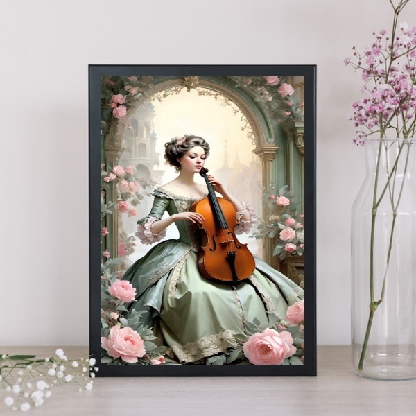 Quadro Vintage Mulher Com Violino 45x34cm - Com Vidro Moldura
