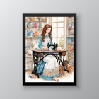 Quadro Vintage Mulher Costurando 45x34cm - Com Vidro Moldura