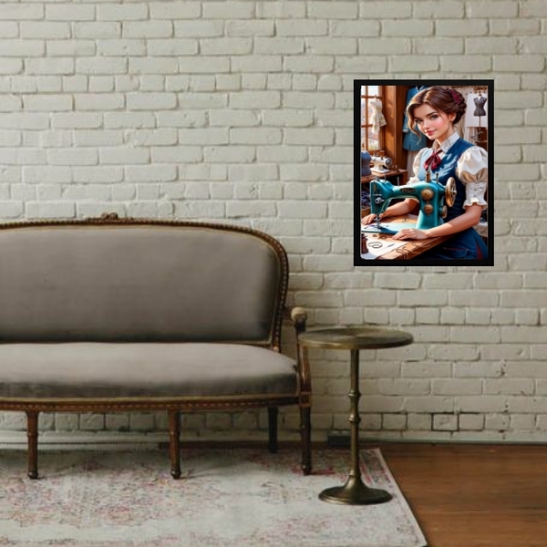 Quadro Vintage Mulher Costurando - Costureira 33x24cm Moldura