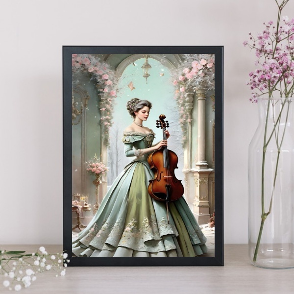 Quadro Vintage Mulher E Violino 24x18cm - Com Vidro Moldura B
