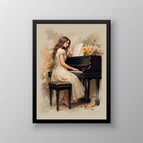 Quadro Vintage Mulher Tocando Piano 24x18cm - Com Vidro Moldu
