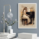 Quadro Vintage Mulher Tocando Piano 24x18cm Moldura Branca