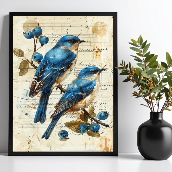 Quadro Vintage Passarinhos Azuis 45x34cm Moldura Preta