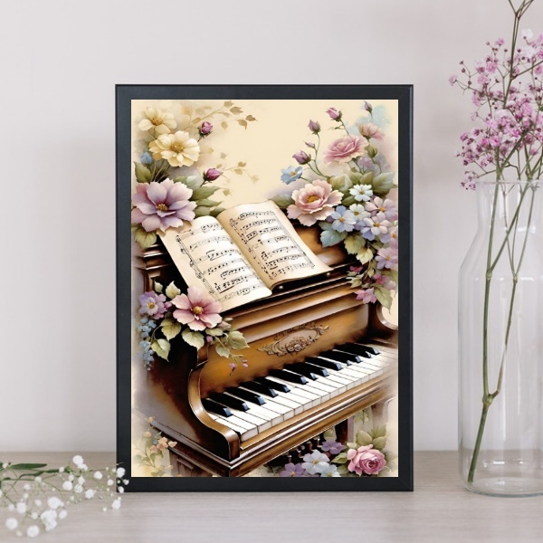 Quadro Vintage Piano Com Flores 45x34cm - Com Vidro Moldura P