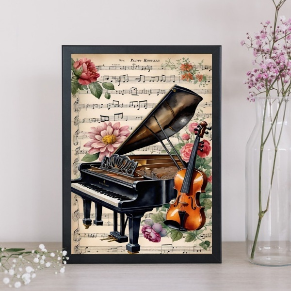 Quadro Vintage Piano E Violino 45x34cm - Com Vidro Moldura Br