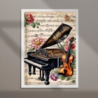 Quadro Vintage Piano E Violino 45x34cm - Com Vidro Moldura Pr
