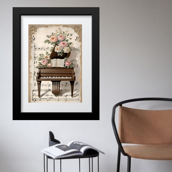 Quadro Vintage Piano Flores - 60x48cm Moldura:madeira Preta