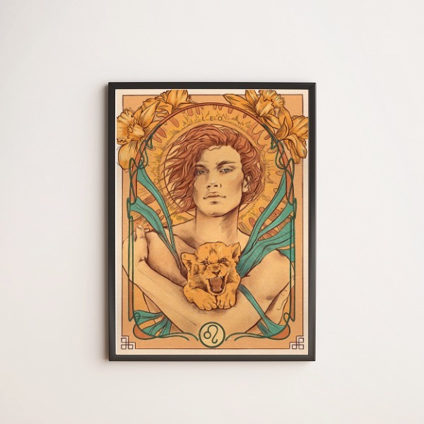 Quadro Vintage Signo Leão 33x24cm - Com Vidro Moldura:madeira