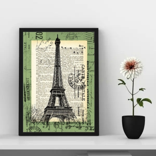 Quadro Vintage Torre Eiffel - Selo Antigo 24x18cm Moldura Pre