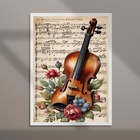 Quadro Vintage Violino Com Flores 33x24cm Moldura Branca
