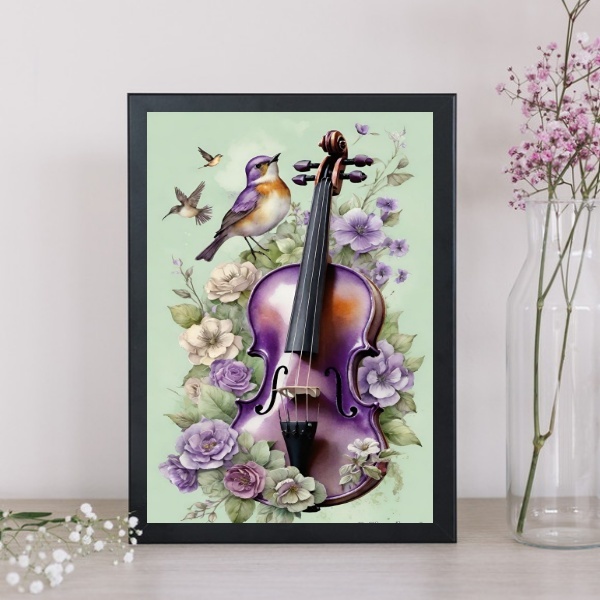 Quadro Vintage Violino E Passarinho 33x24cm - Com Vidro Moldu
