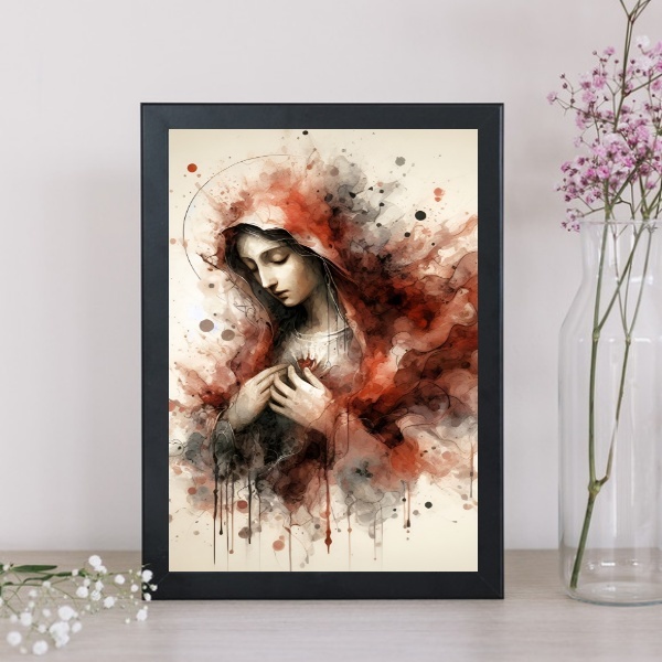 Quadro Virgem Maria Abstrato 24x18cm - Com Vidro Moldura Preta