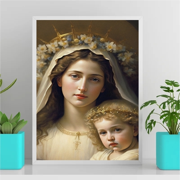 Quadro Virgem Maria Com Menino Jesus 33x24cm - Com Vidro Mold