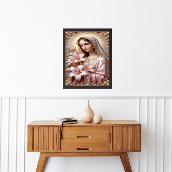 Quadro Virgem Maria Flores E Pérolas 33x24cm Moldura Preta