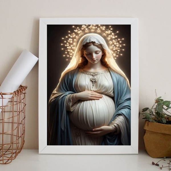 Quadro Virgem Maria Grávida 33x24cm - Com Vidro Moldura:madei