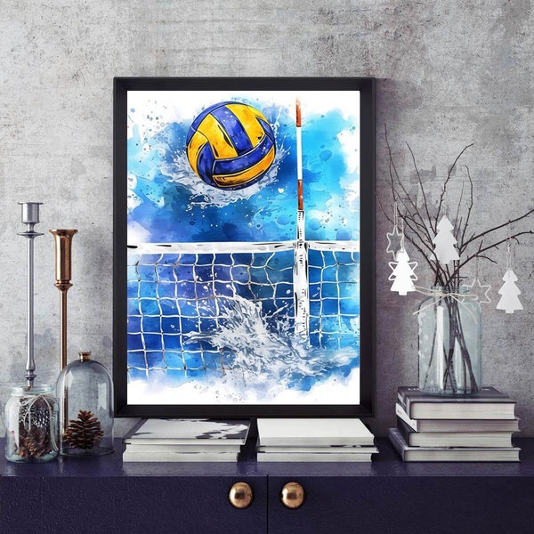 Quadro Vôlei De Praia - Aquarela 33x24cm - Com Vidro Moldura