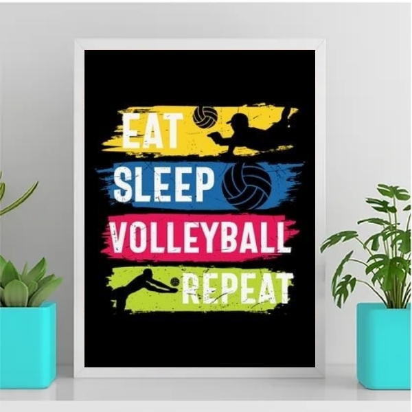 Quadro Volleyball Eat Sleep Repeat 45x34cm - Com Vidro Moldur