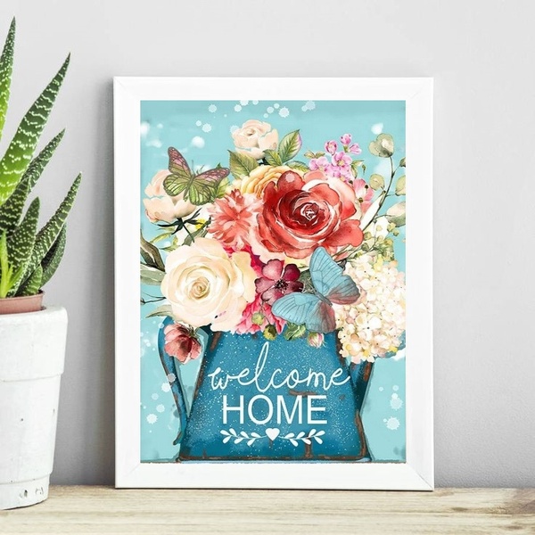 Quadro Welcome Home - Flores E Borboleta 33x24cm - Com Vidro