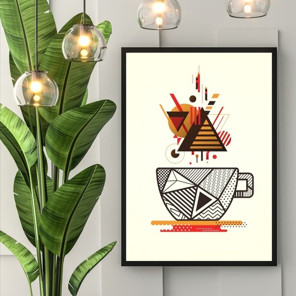 Quadro Xícara De Café Abstrata Bauhaus 33x24cm - Com Vidro Mo