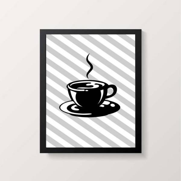 Quadro Xícara De Café Com Fundo Listrado 24x18cm - Com Vidro