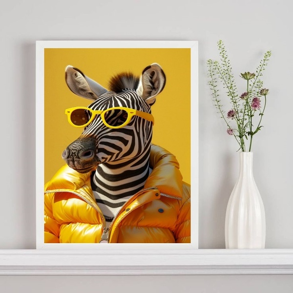 Quadro Zebra Fashion De Óculos Amarelo 33x24cm Moldura Preta