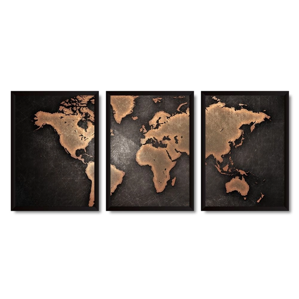 Quadros 3 Decorativos Com Moldura Mapa Mundi