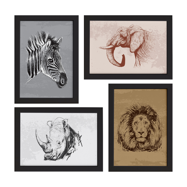 Quadros Animais Safari África Moldura Preta 22x32cm 4un