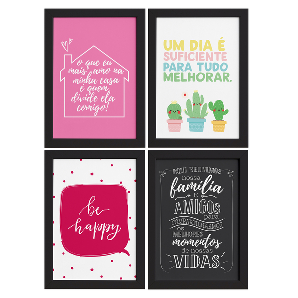 Quadros com Frases Alegria Moldura Preta 22x32cm 4un