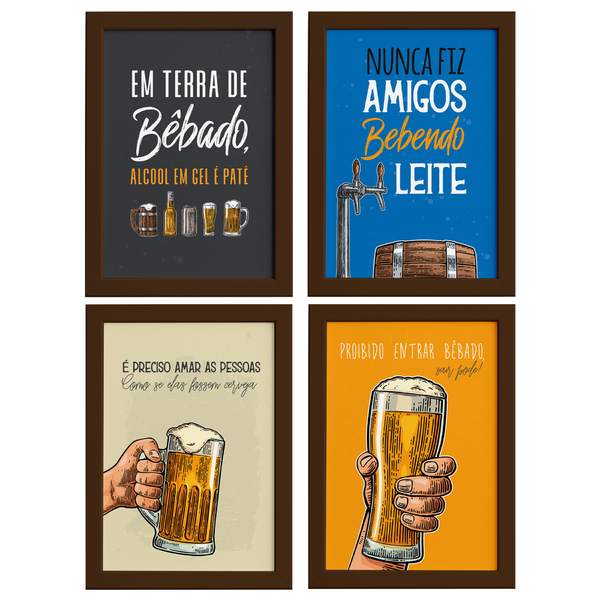 Quadros com Frases Cerveja Moldura Marrom 33x43cm Kit 4un