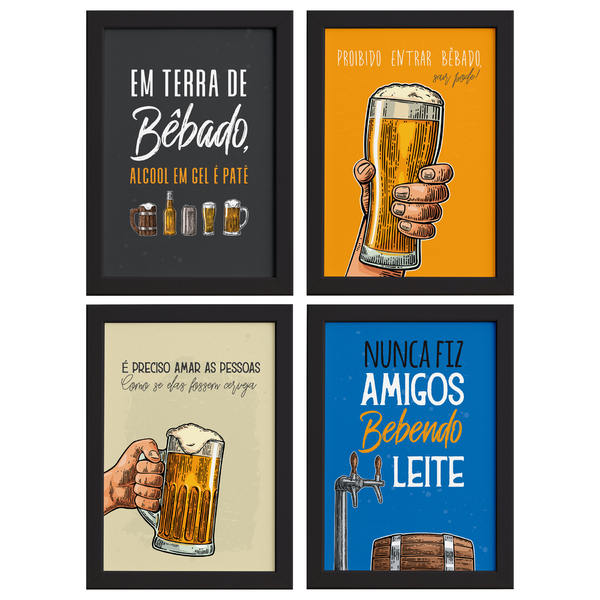 Quadros com Frases Cerveja Moldura Preta 33x43cm Kit 4un