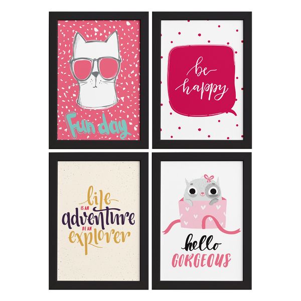 Quadros Com Frases Happy Cat Moldura Preta 33x43cm 4un Leroy Merlin