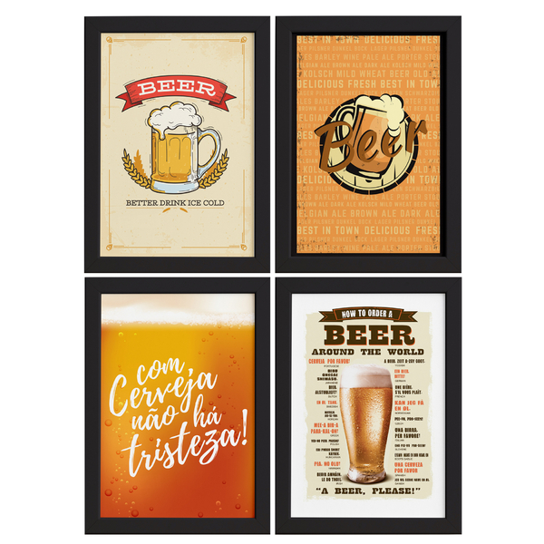 Quadros de Cerveja Beers Moldura Preta 22x32cm 4un