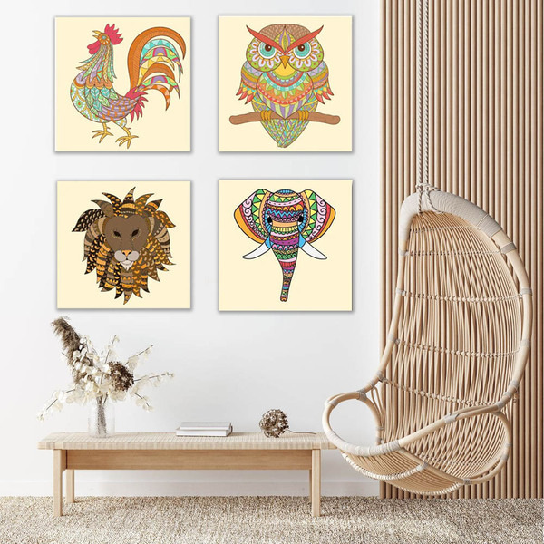 Quadros Decorativos Desenhos Animais Colorido 4 Peças Para Sa