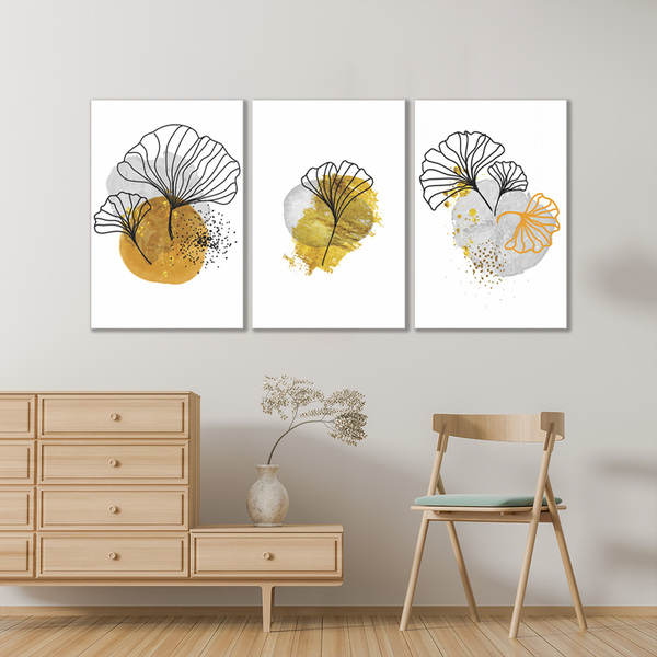 Quadros Decorativos Folhage  Dourada E Branco