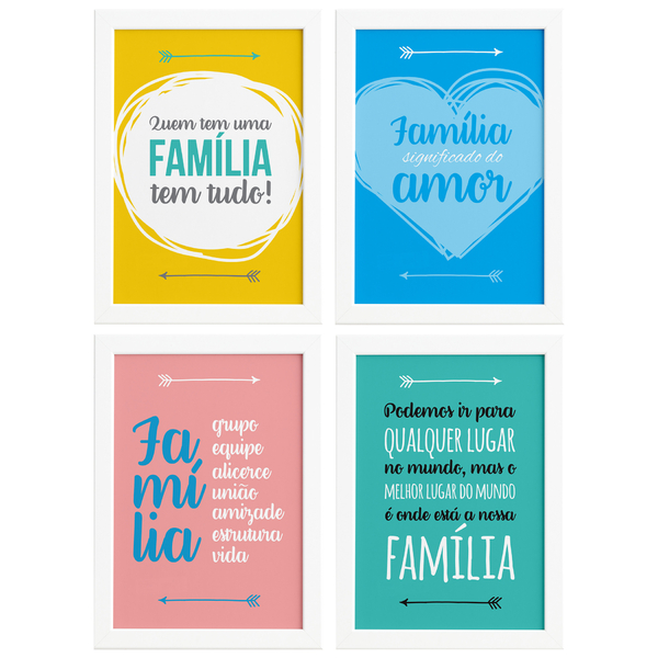 Quadros Decorativos Frases Familia Moldura Branca Kit 4un