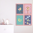 Quadros Decorativos Infantil Pássaros Moldura Rosa 4un 22x32