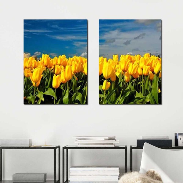 Quadros Decorativos Paisagem Tulipa Amarela 2 Peças Para Sala
