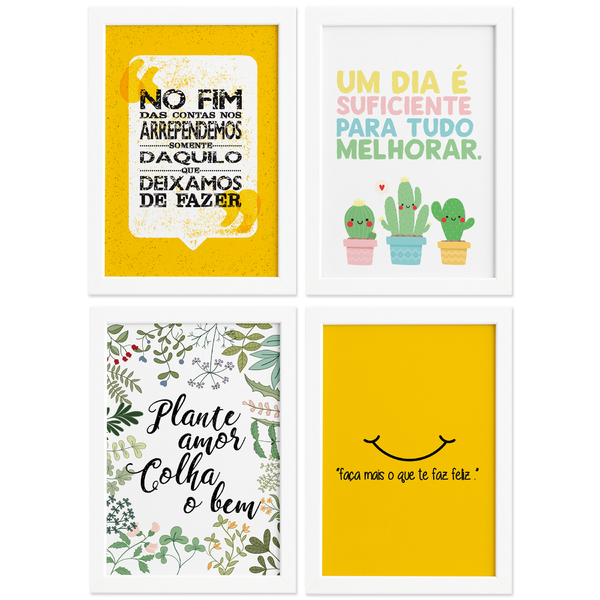 Quadros Frases Vida Feliz Moldura Branca 22x32cm 4un Leroy Merlin