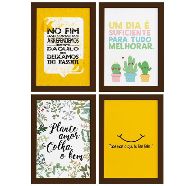 Quadros Frases Vida Feliz Moldura Marrom 33x43cm 4un Leroy Merlin