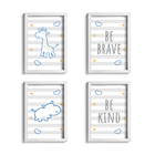 Quadros Girafa e Hipopótamo Azul Kit 4un Moldura Branca