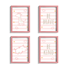 Quadros Girafa e Hipopótamo Rosa Kit 4un Moldura Rosa