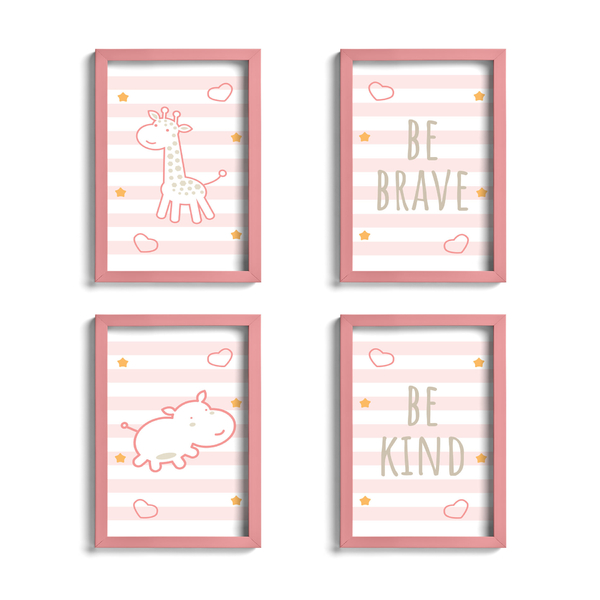 Quadros Girafa e Hipopótamo Rosa Kit 4un Moldura Rosa